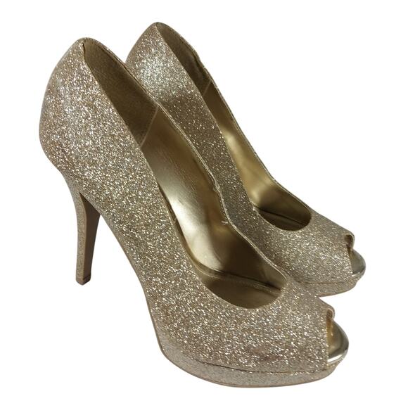 FIONI NIGHT! SHIMMERY GOLD STARDUST PEEP TOE STILETTO, PLATFORM HEELS! SZ 7.5M - Picture 10 of 10